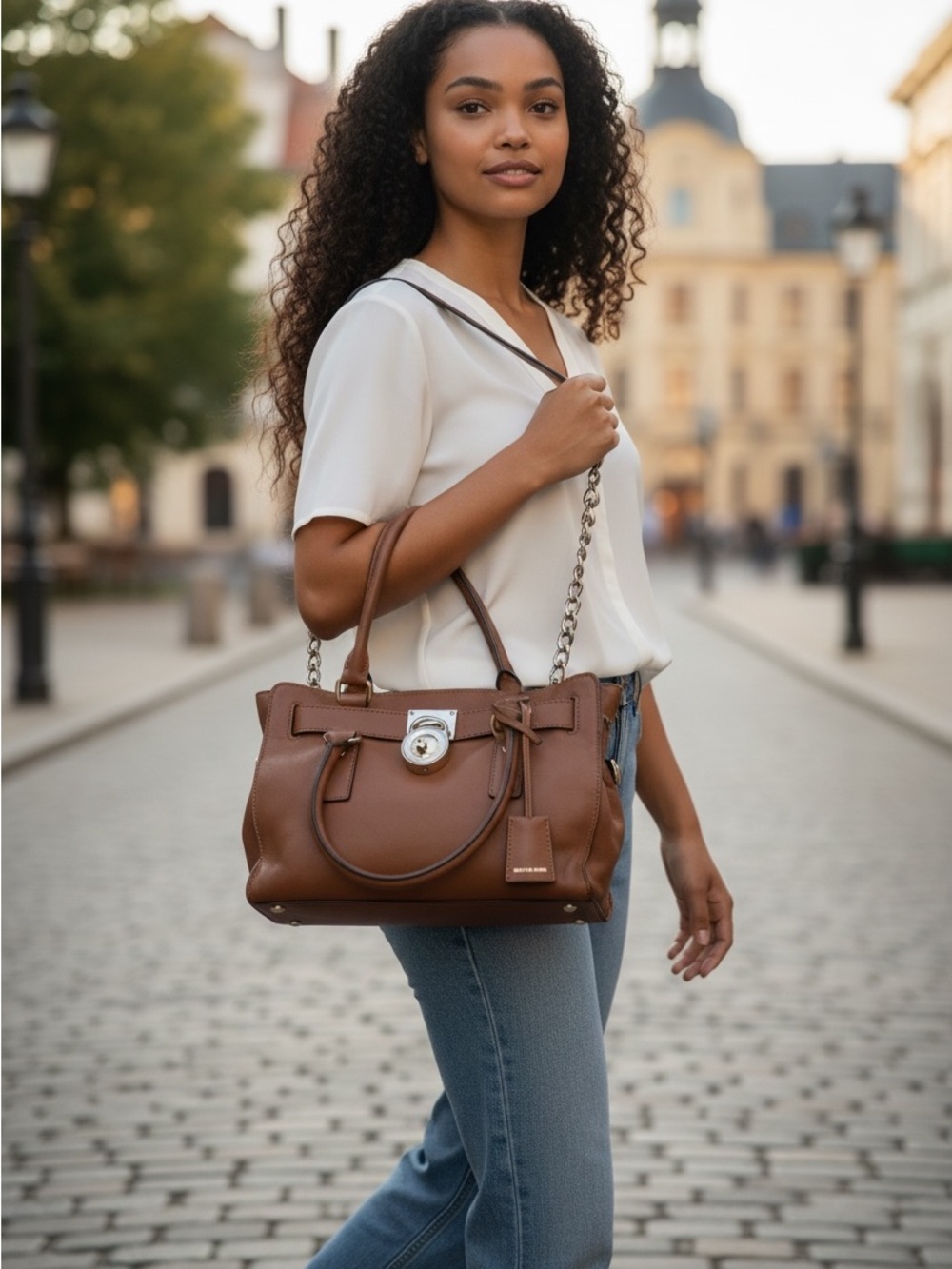 Michael Kors Cognac Leather Satchel with Gold-Tone Lock - Good condition. - Picture 10 of 10